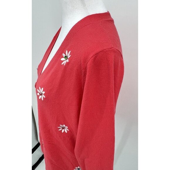 Liv Milano Coral Pink Cardigan Sweater Size M V Neck Flower Embellished Soft - Picture 3 of 13